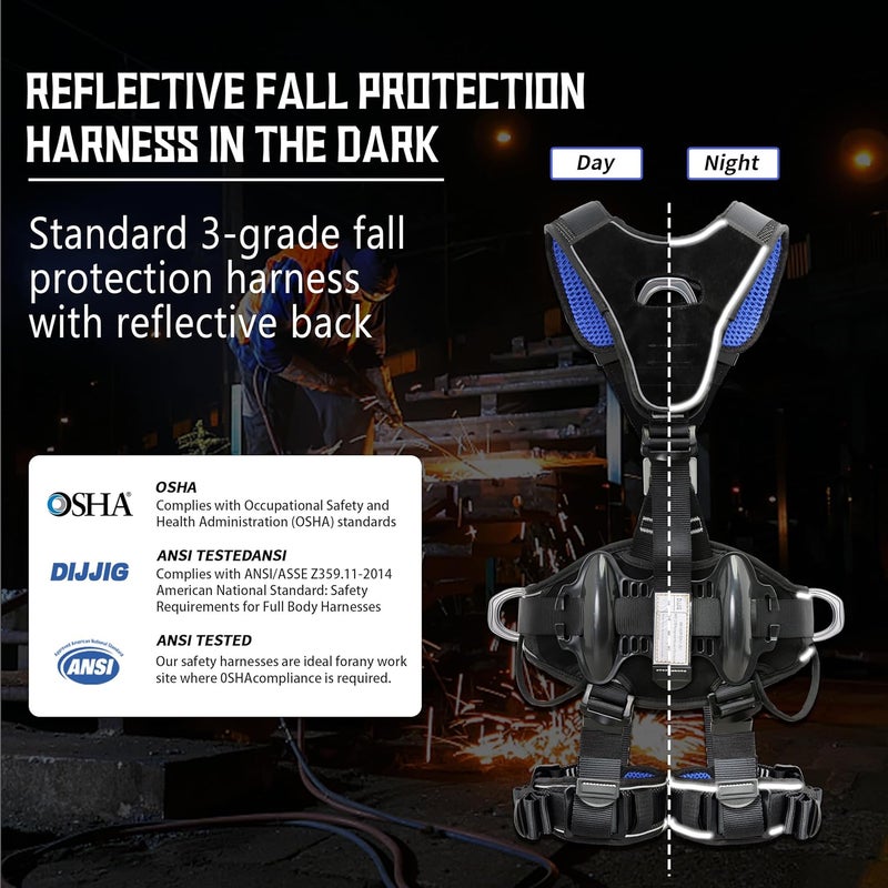 DIJJIG Fall Protection Full Body Safety Harness 5pt Roofing harnesses Aluminum O-Rings 8”Thick Back Support Belt Construction With Reflective Strips OSHA/ANSI Compliant - Image 5